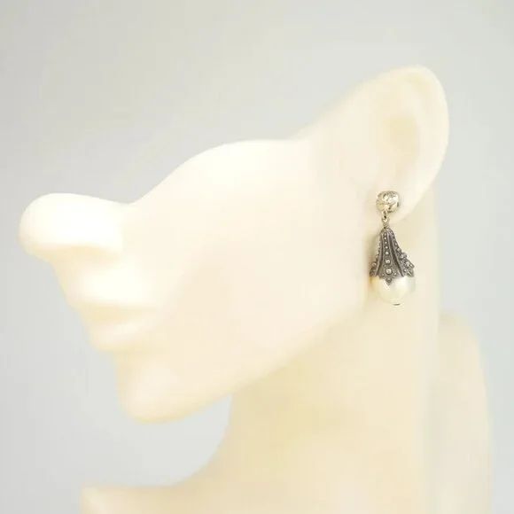 CHANEL CC Logos Pearl Dangle Stud Earrings Silver Gold Tone 03P Auth w/Box